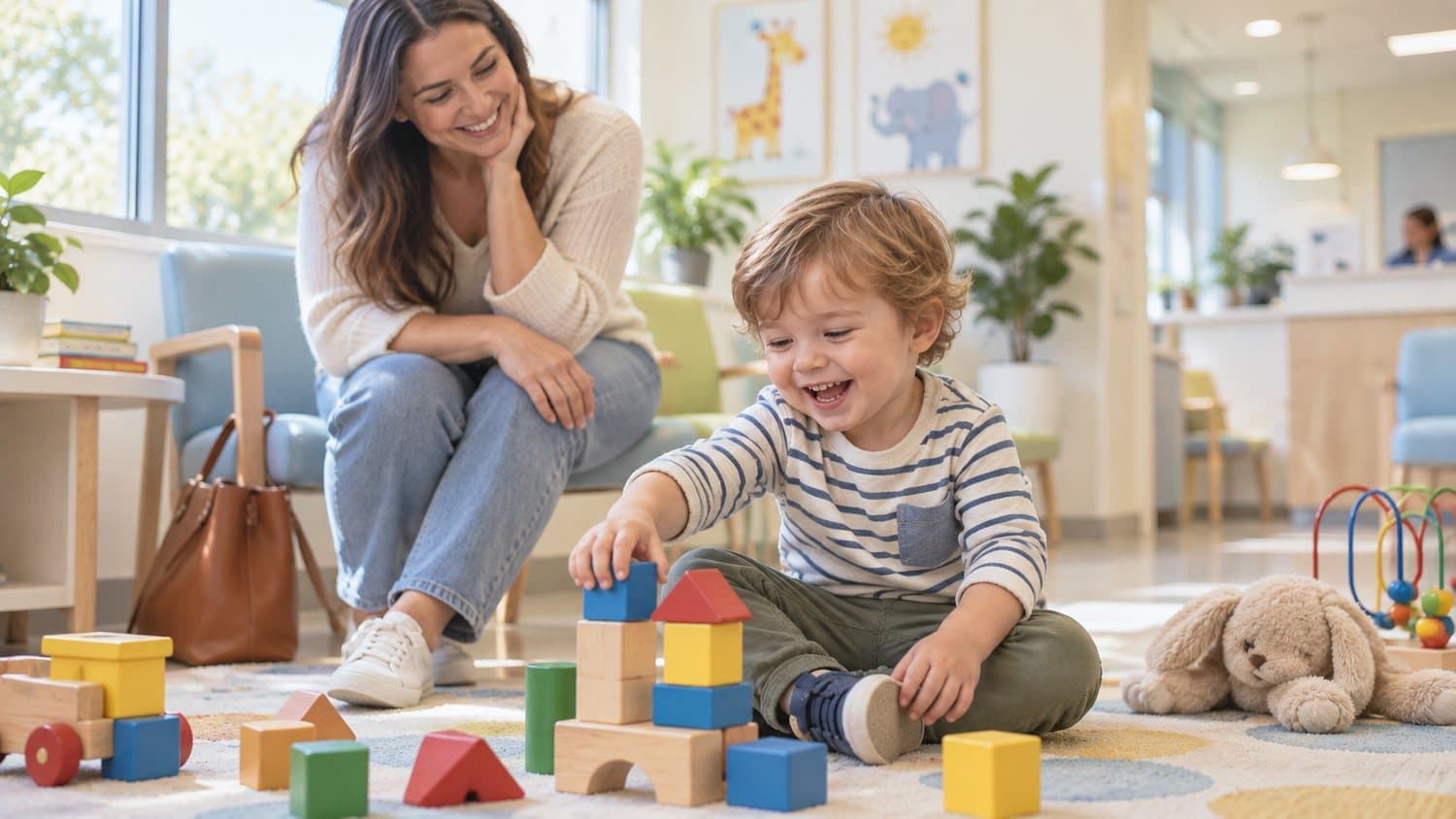 A toddler laughs while stacking wooden blocks in a bright, child-friendly waiting room as his mother looks on