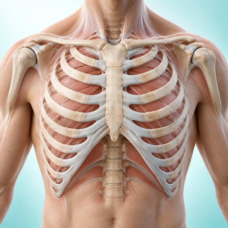 Anatomical illustration of a child's chest wall showing the ribs, sternum and breastbone